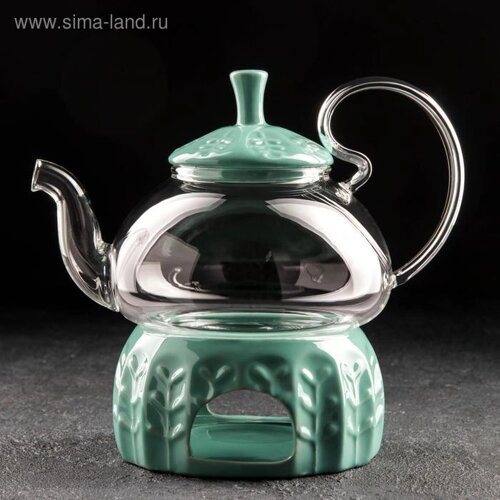 Чайник стеклянный заварочный с металлическим ситом и подставкой для подогрева «Элегия», 600 мл, цвет зелёный