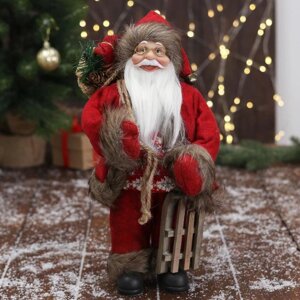 Дед Мороз "В красном костюме, с санками" 30х15 см