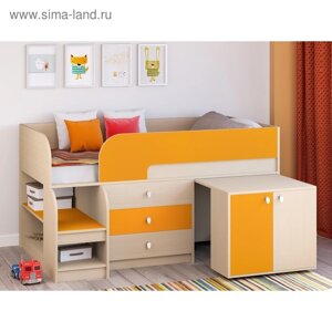 Детская кровать-чердак «Астра 9 V7», выдвижной стол, цвет дуб молочный/оранжевый