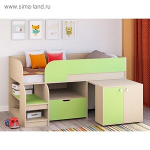 Детская кровать-чердак «Астра 9 V9», выдвижной стол, цвет дуб молочный/салатовый