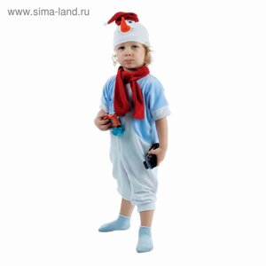 Детский карнавальный костюм «Снеговик в голубом жилете», велюр: комбинезон, шарф, шапка, рост 68–92 см