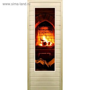 Дверь для бани со стеклом (43*129) Камин-3", 17070см, коробка из осины
