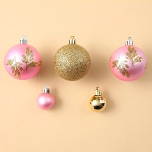 Ёлочные шары новогодние, на Новый год, пластик, d-3 и d-6, 15 шт, розовый и золото