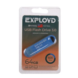 Флешка Exployd 600, 64 Гб, USB3.0, чт до 70 Мб/с, зап до 20 Мб/с, синяя