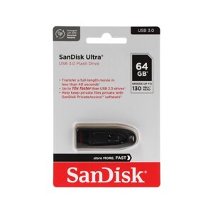 Флешка SanDisk Ultra, 64 Гб, USB 3.0, чт до 100 Мб/с, зап до 40 Мб/с, черная