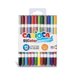 Фломастеры двусторонние 24 цвета, 12 штук, Carioca "BiColor", 1.0 / 4.7 мм, смываемые, блистер, европодвес