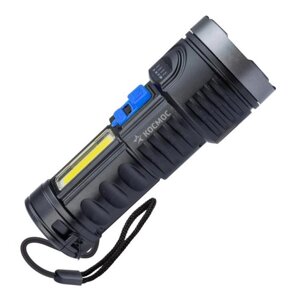 Фонарь аккумуляторный КОСМОС, ручной LED 3Вт + COB 3Вт АКБ, Li-ion 18650 1.2А. ч, индикатор USB-шнур ABS-пластик