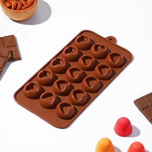 Форма для шоколада Доляна «Сердце», силикон, 23,2121 см, 15 ячеек (d=3,3 см), цвет коричневый