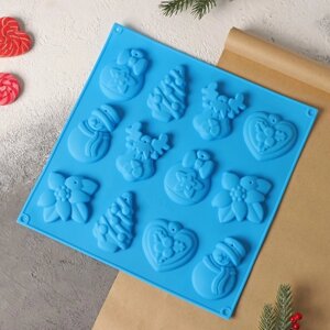 Форма для украшений 3D Доляна «Ёлочные игрушки», силикон, 3030 см, 12 ячеек, цвет синий