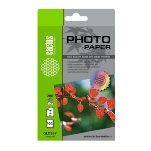 Фотобумага для струйной печати А6 (100 х 150 мм), 100 листов Cactus, 200 г/м2, односторонняя, глянцевая