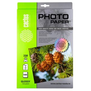Фотобумага для струйной печати А6 (100 х 150 мм), 100 листов Cactus, 230 г/м2, односторонняя, глянцевая