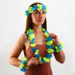 Гавайский набор "Цветочки"ожерелье, венок 2 браслета), цвет зеленый