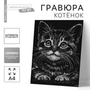 Гравюра «Котёнок» с металлическим эффектом «серебро» А4