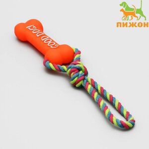 Игрушка резиновая "Кость"14 см) с ручкой из каната для собак, до 37 см, микс цветов