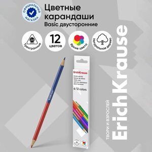 Карандаши 12 цветов 6 штук, ErichKrause, двусторонние, дерево, трехгранные, 2,6 мм грифель, картонная упаковка, европодвес