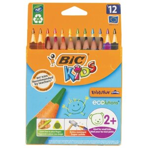Карандаши 12 цветов, детские, утолщенные, трёхгранные, BIC Kids Evolution Triangle, пластиковые, премиум, картонная упаковка