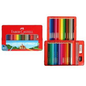 Карандаши 48 цвета Faber-Castell "Замок", трёхгранный корпус, 2 чернографитных карандаша , с ластиком, в металлическом пенале