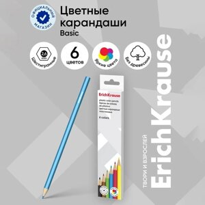 Карандаши 6 цветов, ErichKrause, пластик, шестигранные, 2,6 мм грифель, картонная упаковка, европодвес