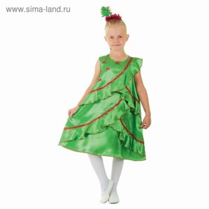 Карнавальный костюм "Ёлочка атласная", платье, ободок, р-р 32, рост 128 см