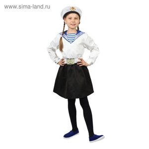 Карнавальный костюм «Морячка в бескозырке» для девочки, белая фланка, юбка, ремень, р. 32, рост 110-116 см
