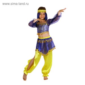 Карнавальный костюм "Восточная красавица. Шахерезада", топ с рукавами, штаны, повязка, цвет сине-жёлтый, р-р 28, рост 98-104 см