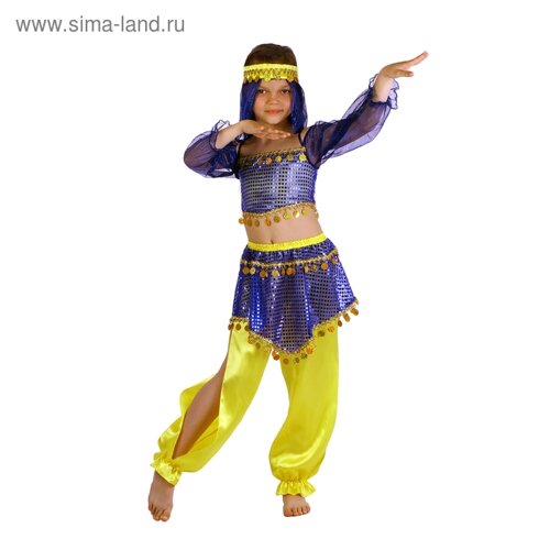 Карнавальный костюм "Восточная красавица. Шахерезада", топ с рукавами, штаны, повязка, цвет сине-жёлтый, р-р 30, рост 110-116 см