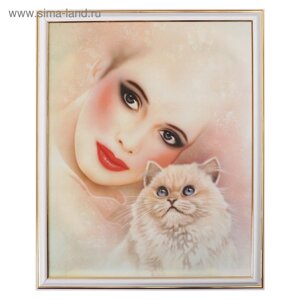 Картина "Девушка с котом" 35х28 (38х31) см
