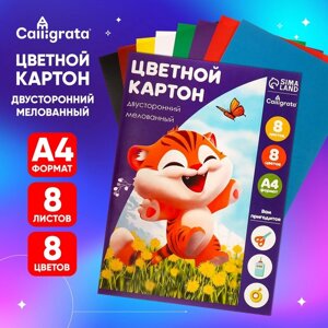 Картон цветной двусторонний А4, 8 листов, 8 цветов, Тигруля, мелованный 240 г/м2, в папке