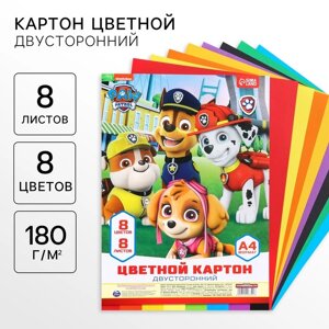 Картон цветной тонированный, А4, 8 листов, 8 цветов, немелованный, двусторонний, в пакете, 180 г/м²Щенячий патруль