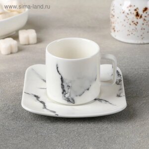 Кофейная пара фарфоровая «Мрамор», 2 предмета: чашка 90 мл, блюдце d=11,2 см, цвет белый