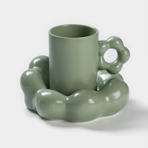 Кофейная пара керамическая «Ромашка», 2 предмета: кружка 260 мл, блюдце d=17 см, цвет зелёный