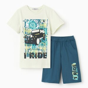Комплект для мальчика (футболка, шорты), цвет слоновая кость/морская волна, рост 122