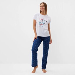 Комплект домашний женский "Сердечки"футболка/брюки), цвет белый/синий, размер 44