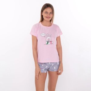 Комплект домашний женский "Зайчики"футболка/шорты), цвет розовый/серый, размер 48