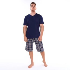 Комплект (футболка/шорты) мужской, цвет синий/клетка, размер 68