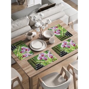 Комплект салфеток для сервировки стола «Бамбук и цветы», прямоугольные, закруглённые края, размер 30х46 см, 4 шт