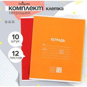 Комплект тетрадей из 10 штук, 12 листов в клетку Calligrata "Однотонная Классическая", обложка мелованная бумага, ВД-лак, блок №2, белизна 75%серые листы), 5 видов по 2 штуки