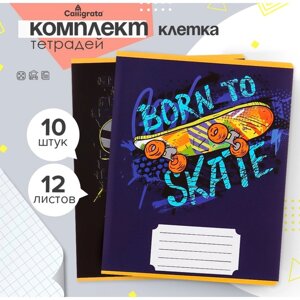 Комплект тетрадей из 10 штук, 12 листов в клетку Calligrata "SkateBoard", обложка мелованная бумага, ВД-лак, блок офсет, 5 видов по 2 штуки