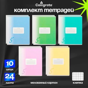 Комплект тетрадей из 10 штук, 24 листа в клетку Calligrata "Пятёрка", обложка мелованный картон, ВД-лак, блок офсет, 5 видов по 2 штуки