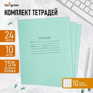 Комплект тетрадей из 10 штук, 24 листа в клетку КПК "Зелёная обложка", блок №2, белизна 75%серые листы)