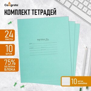 Комплект тетрадей из 10 штук, 24 листа в линию КПК "Зелёная обложка", блок №2 , белизна 75%серые листы)