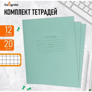 Комплект тетрадей из 20 штук, 12 листов в клетку КПК "Зелёная обложка", блок офсет, белизна 92%