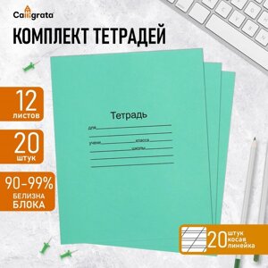 Комплект тетрадей из 20 штук, 12 листов в косую линию Маяк "Зелёная обложка", 60 г/м2, блок офсет, белизна 90-99%