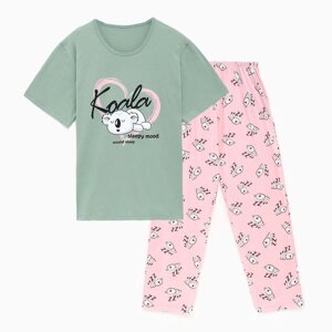 Комплект женский домашний (футболка/брюки) Koala", цвет зелёный/розовый, размер 58