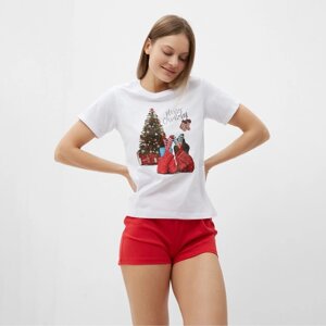 Комплект женский домашний (футболка, шорты), цвет белый/красный, размер 46