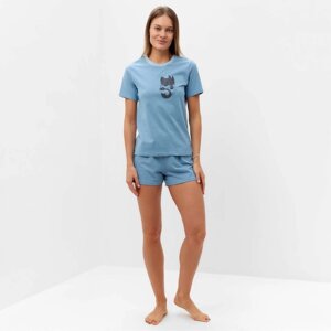 Комплект женский домашний (футболка, шорты), цвет голубой, размер 48