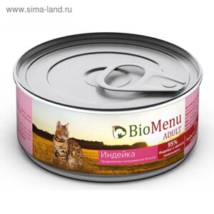 Консервы BioMenu ADULT для кошек, мясной паштет с индейкой 95%мясо, 100 г.