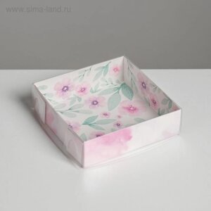 Коробка для макарун с подложками с PVC крышкой, кондитерская упаковка «Весенний подарок», 12 х 12 х 3,5 см