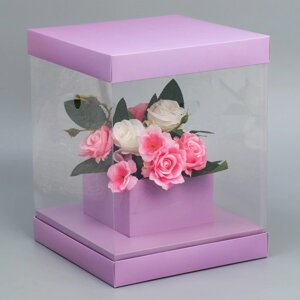 Коробка подарочная для цветов с вазой и PVC окнами складная, упаковка, «Лаванда», 23 х 30 х 23 см