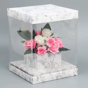 Коробка подарочная для цветов с вазой и PVC окнами складная, упаковка, «Мрамор», 23 х 30 х 23 см